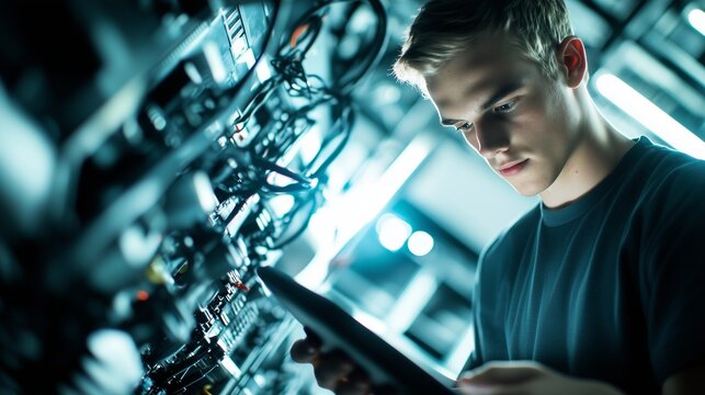 Young man in front of server rack. Caucasian man with a tablet on a table. Automation of room data storage servers. A young man stands in front of a lifestyle server cabinet.