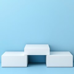 White square podiums on abstract blue background for event stage displaying modern minimalist design