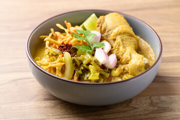 Northern Thai food (Khao Soi), Spicy curry noodles soup with chicken, Local Thai food