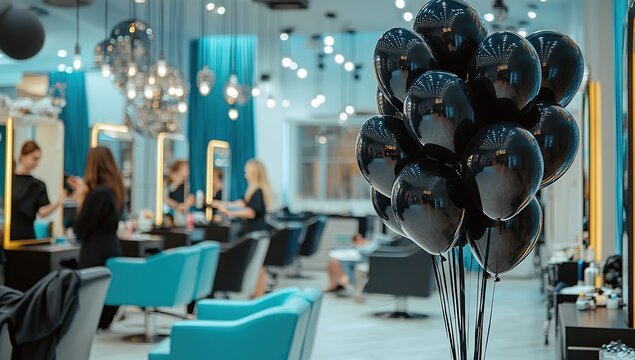 Hair Salon Grand Opening: Stylish Cuts, Modern Ambiance, Festive Balloons, Teal Decor, Celebratory Atmosphere.