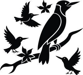 Obraz premium Black and White Silhouette of Birds on a Branch with Flowers vector