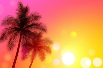 Fototapeta premium A vibrant sunset scene featuring silhouetted palm trees against a colorful gradient sky of pink, orange, and yellow hues.