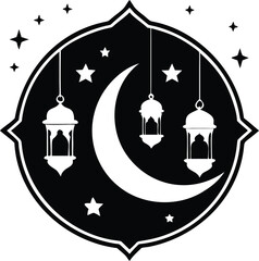silhouette of Islamic Crescent Moon and Lanterns vector Illustration