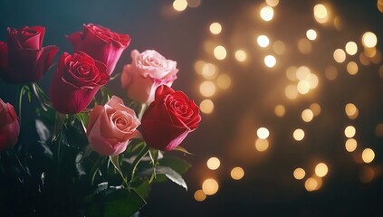 Romantic Red and Pink Roses Bloom Beautifully in Festive Lights