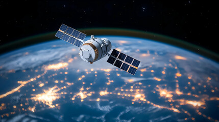 Satellite orbiting Earth at night, city lights below; space exploration illustration