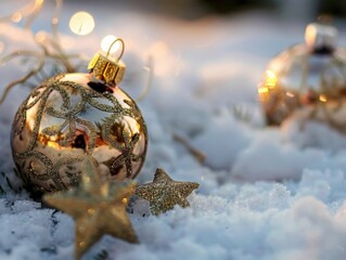 Christmas baubles of various sizes adorned with golden patterns on snow