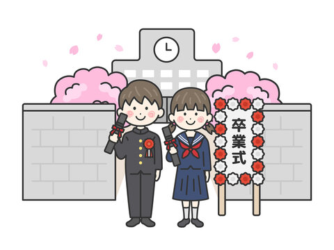 卒業式で校舎の前に立つ、学生服をきた、男女の学生（線画）のイラスト