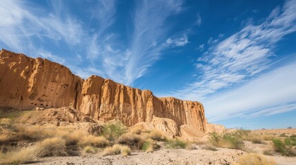 Fototapeta premium Majestic clay cliffs under clear blue desert sky during the day.