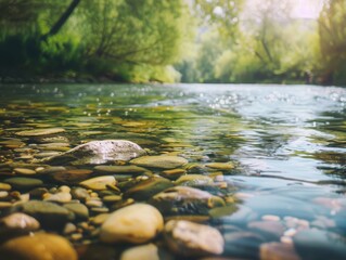 Fototapeta premium Clear river water over stones, framed by lush green plants