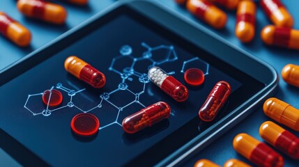 Chemical structures displayed on digital tablet with capsules scientific environment close-up view technology concept