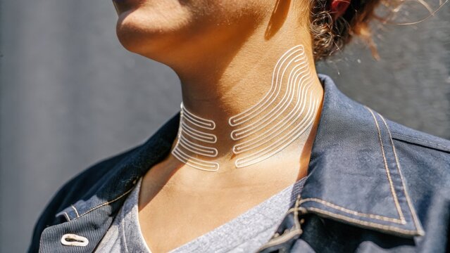 A detailed image of a womans neck adorned with shimmering subdermal implants that create a luminous pattern emphasizing the fusion of technology and anatomy.