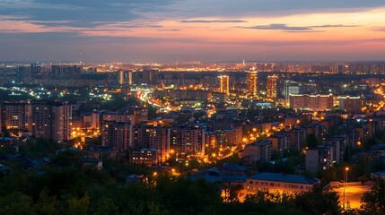 Naklejka premium Night Cityscape: A Panoramic View of Illuminated Buildings at Dusk