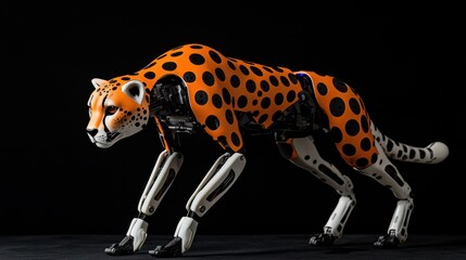 Robotic Cheetah with Orange and Black Spots on a Dark Background