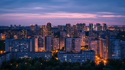 Obraz premium Twilight Cityscape: A Panoramic View of Urban Skyline at Dusk