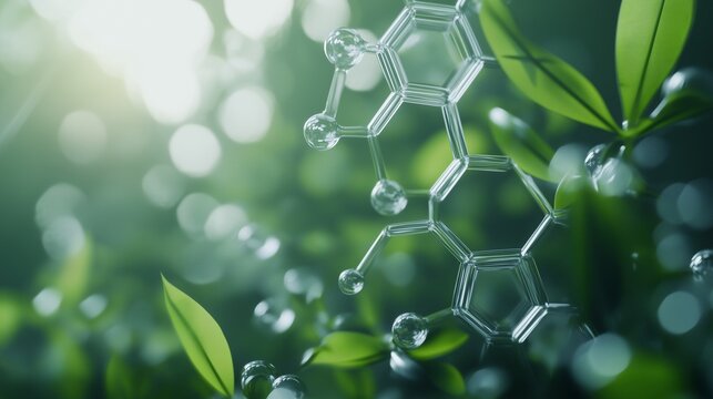 A molecule is seen in the background. Green sustainability 2023 chemistry. Environmental innovation and eco-friendly chemicals practices. A molecule can be observed in lifestyle the background. - Powered by Adobe