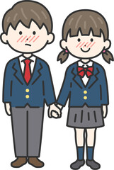 手を繋いだ、ブレザーを着た、学生カップル（線画）のイラスト