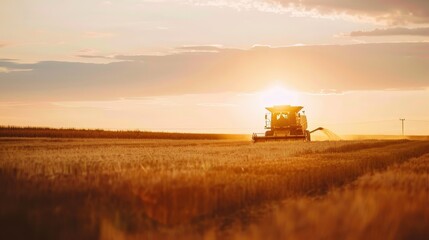 Fototapeta premium Combine harvester working at sunset in golden grain field