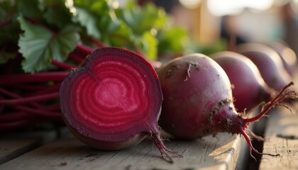 Fresh Red Beets on Wooden Table Top with Green Leaves