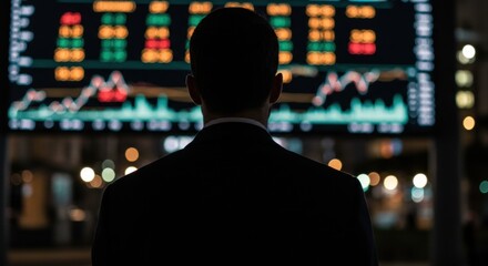 Businessman observing financial market data display at night in a bustling urban environment
