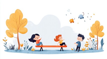 Children Playing on a Bench Surrounded by Trees and Flowers in Warm Autumn Colors