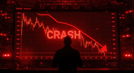 Person observing a stock market crash on a large screen in a dimly lit room with red lighting