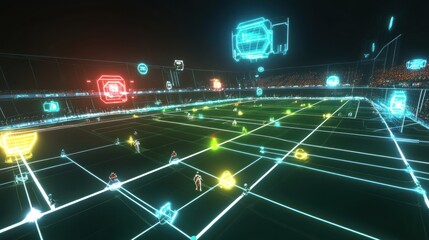 Futuristic Stadium with Neon Grid and Digital Players