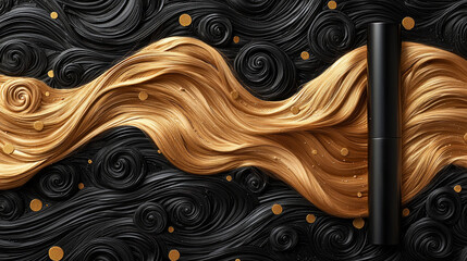 striking design features intricately embossed metal logo combines curling iron flowing hair strands all presented in rich gold and matte black tones.