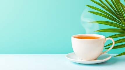 Obraz premium Freshly Brewed Tea in a White Cup with Green Leaf on Aqua Background