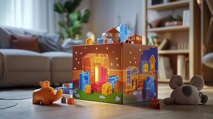 Naklejka premium Colorful Playroom with Illuminated Building Blocks and Soft Toys