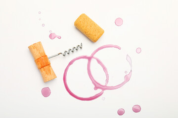 Corkscrew, cork and red wine stains on white background, top view