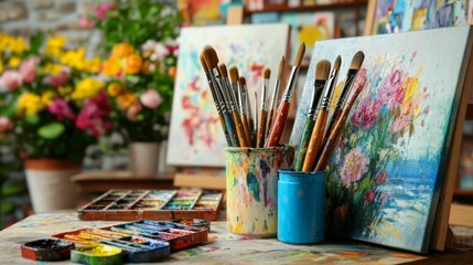 Obraz premium Painting supplies: brushes, paints, canvases on artist’s table with colorful studio and artworks backdrop. Emphasizing creative process and art environment.