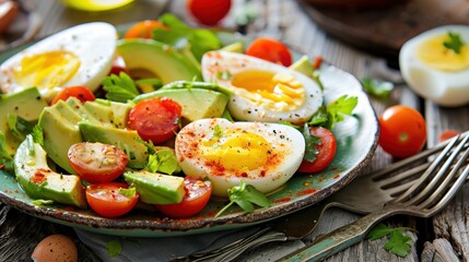Vibrant Egg and Avocado Salad with Cherry Tomatoes on Rustic Table