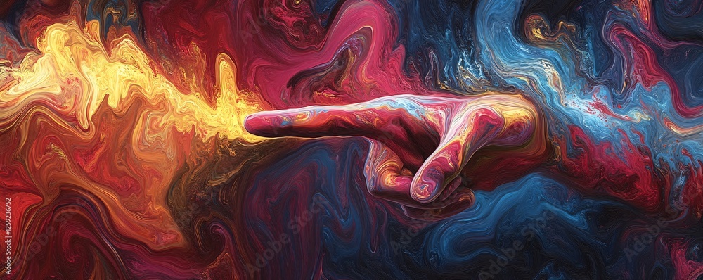 Poster Hand pointing with index finger creating colorful swirls abstract art