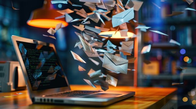 Chaotic scene of overflowing laptop with email overload concept