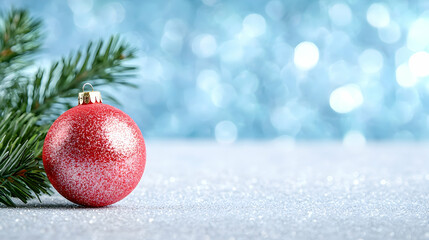Festive red bauble, pine branch on glitter, bokeh background; holiday card