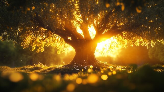 Tree with sunlight shining through it. A heavenly tree connects terrestrial life. A generative cosmos with a source realm of artificial intelligence. A tree with sunlight lifestyle streaming through.