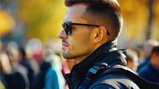 Bodyguard man in black jacket and sunglasses stands in busy outdoor crowd during autumn, exuding strength and focus amidst hustle.