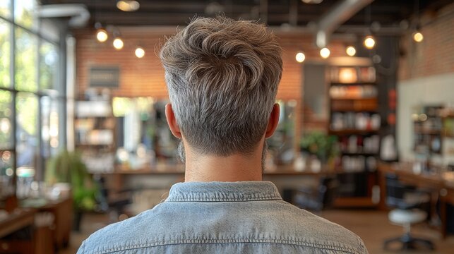 focus is on well groomed box haircut showcasing smooth lines and precise structure illuminated warm light in contemporary barbershop setting.