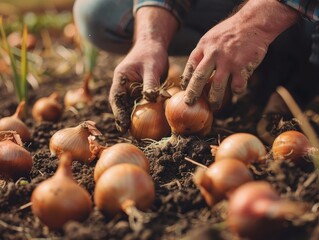 Farmer harvesting fresh onions in a natural earthy setting