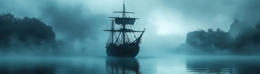 Fototapeta premium Ghostly ship sailing through misty waters haunted tales 3D render Triadic Color Scheme