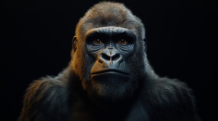 Obraz premium Gorilla in the dark. Portrait of dominant gorilla with silverback and a powerful anthropoid. A stern ai face with a black background. A gorilla in lifestyle the shadows.