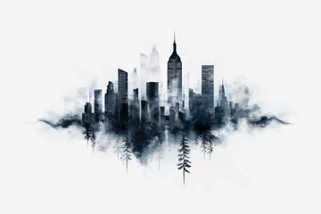 Fototapeta premium Abstract Black and White Silhouette of a City Skyline with Trees and Fog