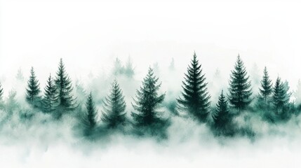 Serene Misty Forest Landscape with Evergreen Trees in Ethereal Atmosphere
