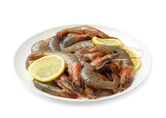 Fresh raw shrimps with lemon isolated on white