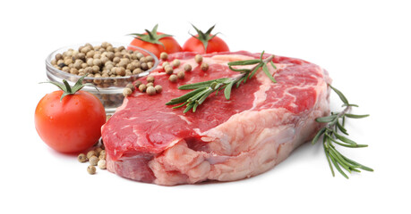 Piece of raw beef meat, tomatoes and spices isolated on white