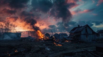 Village houses engulfed in flames and smoke at dawn.