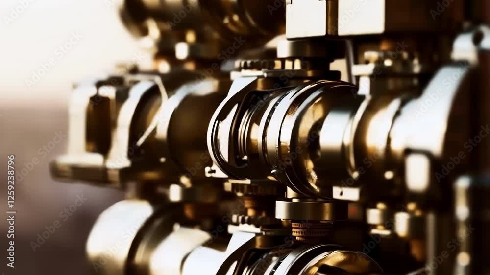 Poster golden gears and pistons of a complex machine are rotating smoothly, creating a mesmerizing display 