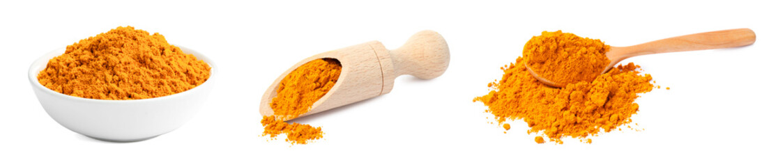 Aromatic turmeric powder isolated on white, set