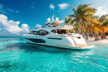 Luxurious Yacht Moored in Crystal Clear Tropical Waters Surrounded by Palm Trees