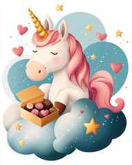 Naklejka premium Cute Unicorn with Candy Box Surrounded by Hearts and Stars in Dreamy Background